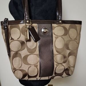 Coach Signature Zip Tote F21950 Brown Tan Canvas Leather Trim Large Work Bag